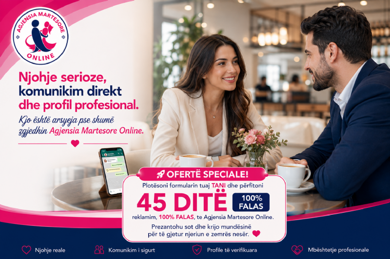 Njohje serioze, komunikim direkt dhe profil profesional. Kjo është arsyeja pse shumë zgjedhin Agjensia Martesore Online.